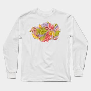 Paisley Garden Indian Style Print on White Long Sleeve T-Shirt